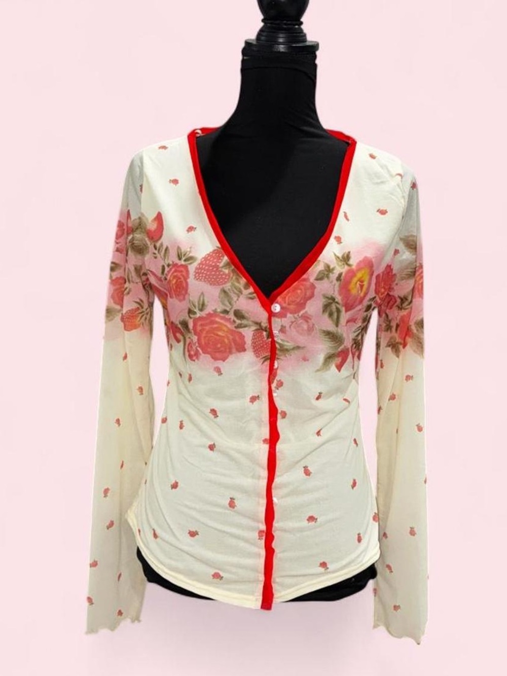 Free People Ivory Cardigan with Red Trim and Pink Floral Print